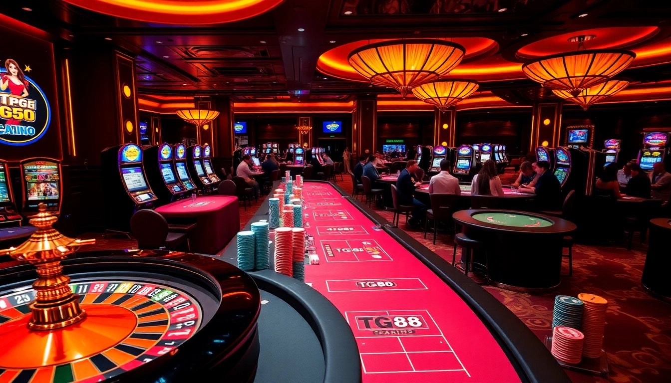 Exciting gameplay at TG88 casino with vibrant poker tables and roulette wheel spinning.