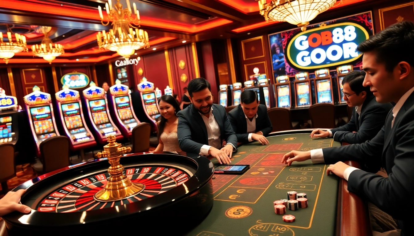 Experience exhilarating gameplay at GO88 with vibrant casino elements like poker tables and slot machines.