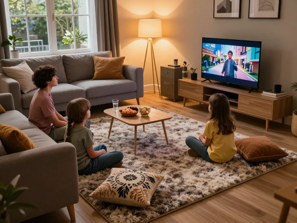Family enjoying movie night on affordable carpets London in cozy living room.