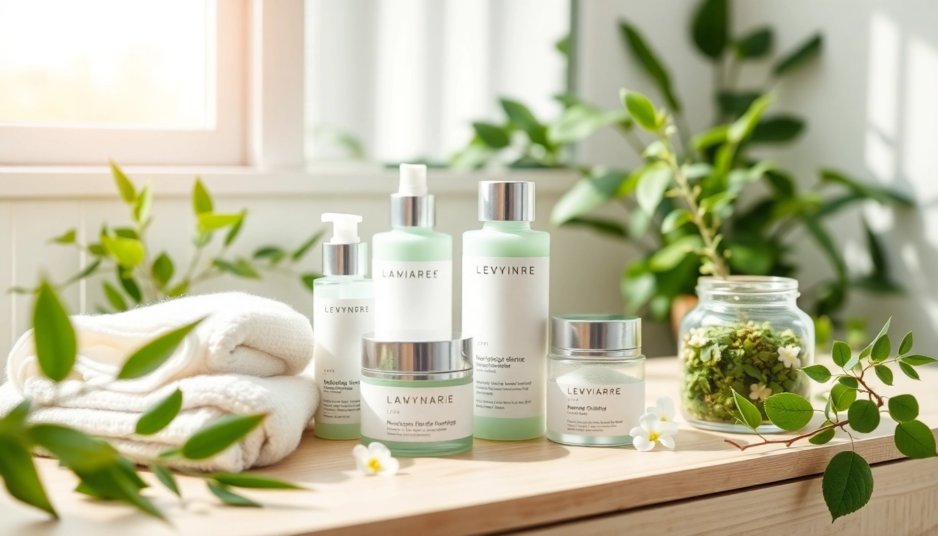 Microbiome friendly skincare products on a natural wooden vanity with calming plants, exuding freshness.