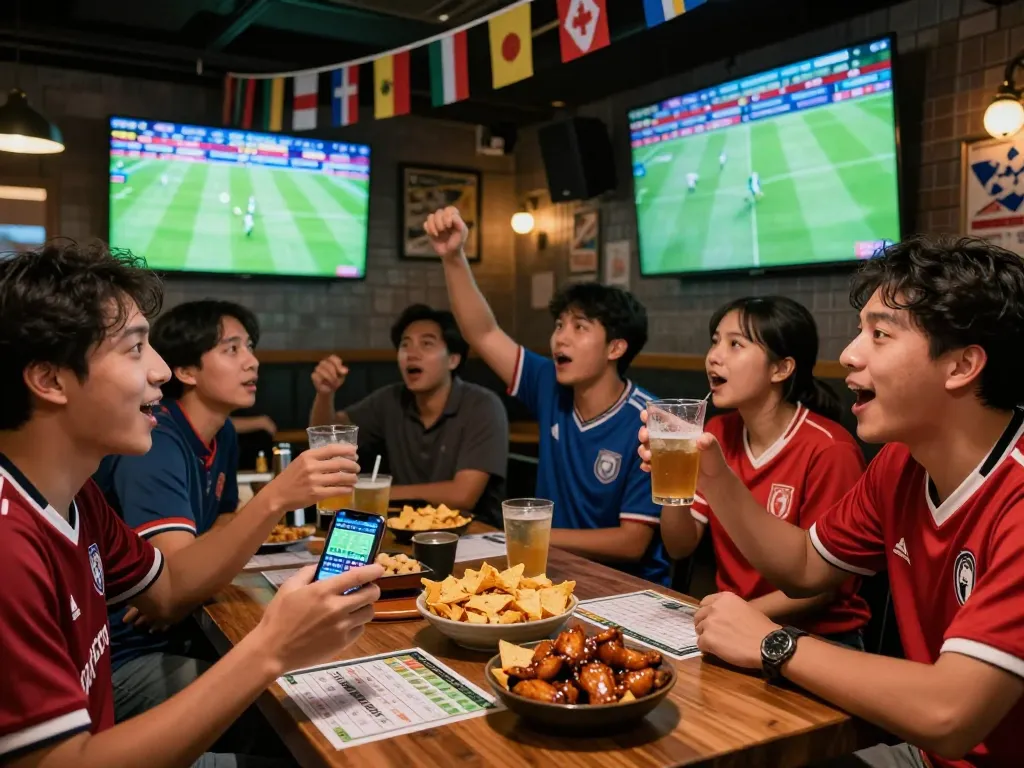Exciting Judi Bola football betting scene with friends at a sports bar, celebrating game day.