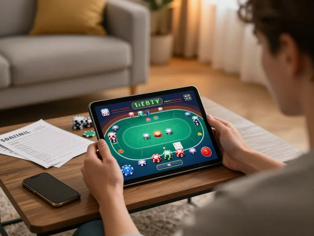 Player enjoying online casino gaming with link fly88 interface on tablet in a cozy setting.