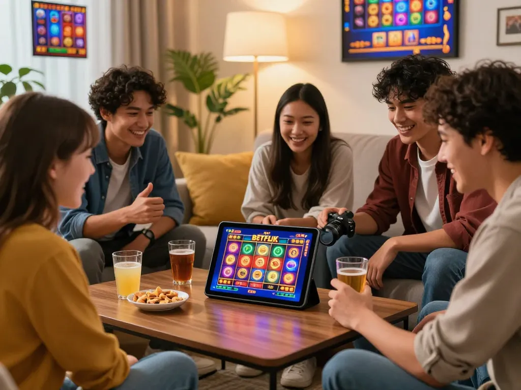 Friends enjoying mobile slot games on BETFLIK, cozy atmosphere with snacks and engaging gaming experience.