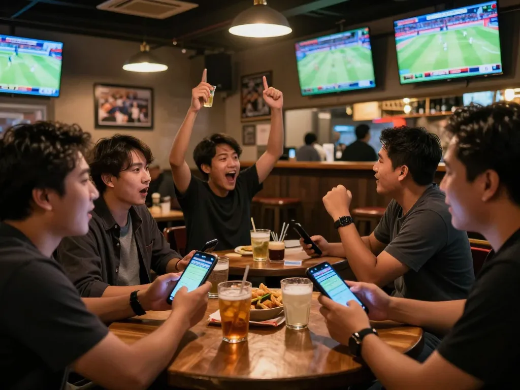 Penggemar judi yang bersemangat memasang taruhan pada Judi Bola sambil menonton olahraga langsung di suasana pub yang ramai
