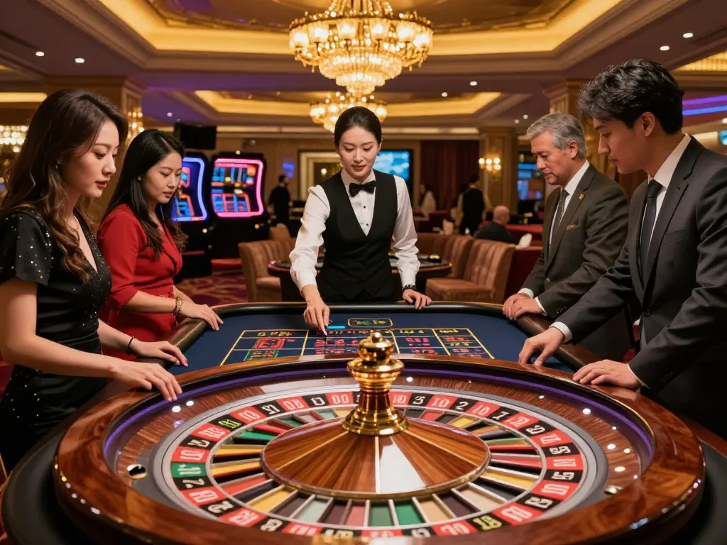 Experience the thrill of DEWA6D as players place bets at an elegant roulette table in a vibrant casino.
