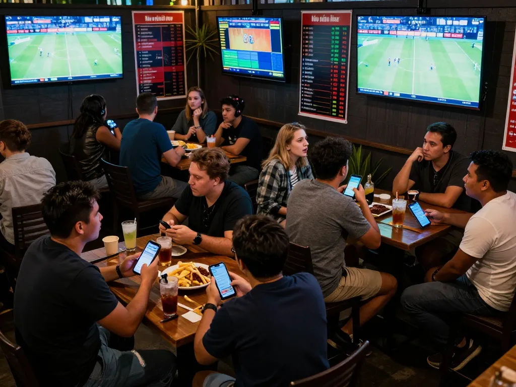 Engaged bettors analyzing kèo nhà cái during live sports event at a bustling bar