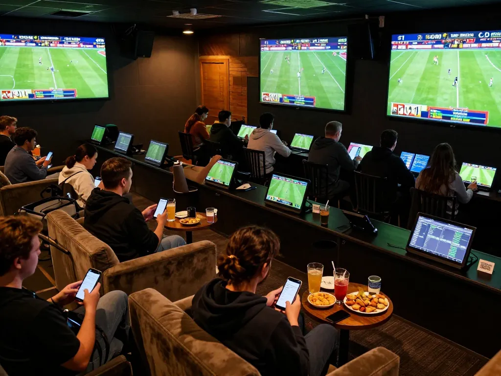 Xoilac fans placing bets while watching live football broadcasts in a vibrant sports lounge.