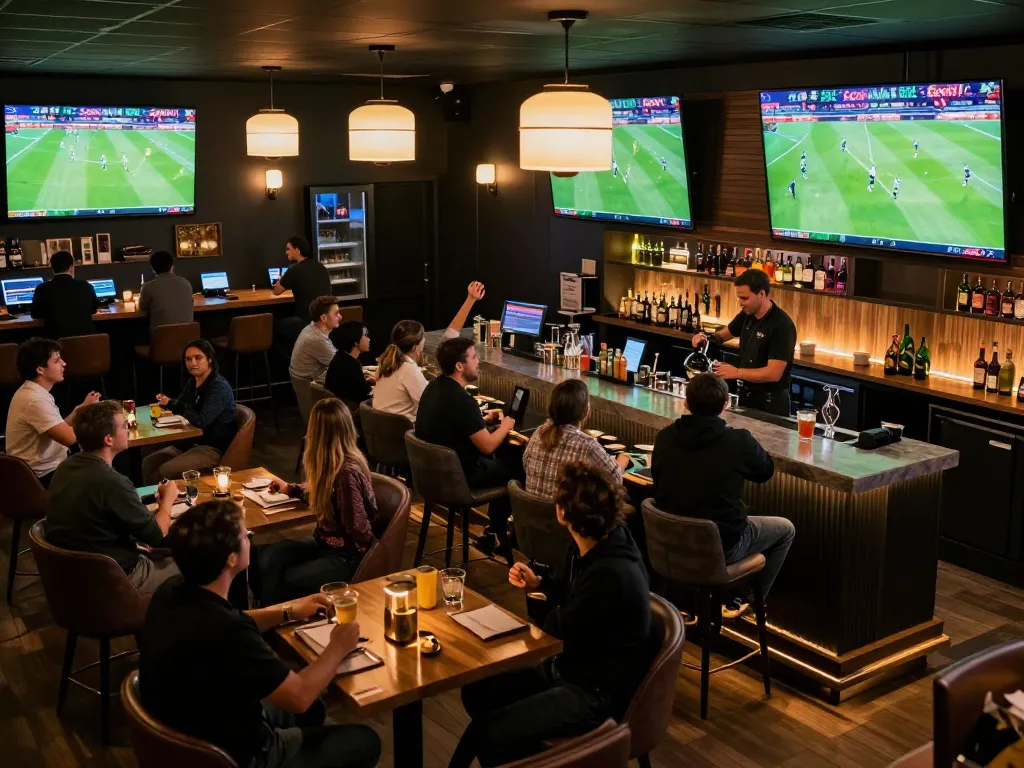 Socolive users excitedly placing bets while watching live soccer in a vibrant sports bar atmosphere.