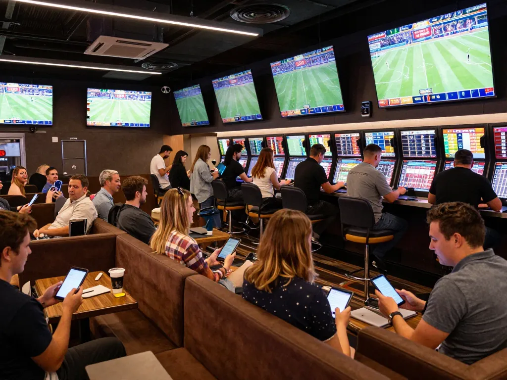 Penjudi olahraga SBOBET terlibat dalam taruhan langsung di sportsbook modern dengan layar yang cerah dan penuh semangat