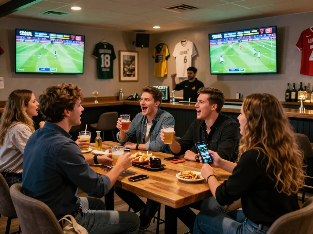 SBOBET live sports betting scene with friends celebrating in a sports bar