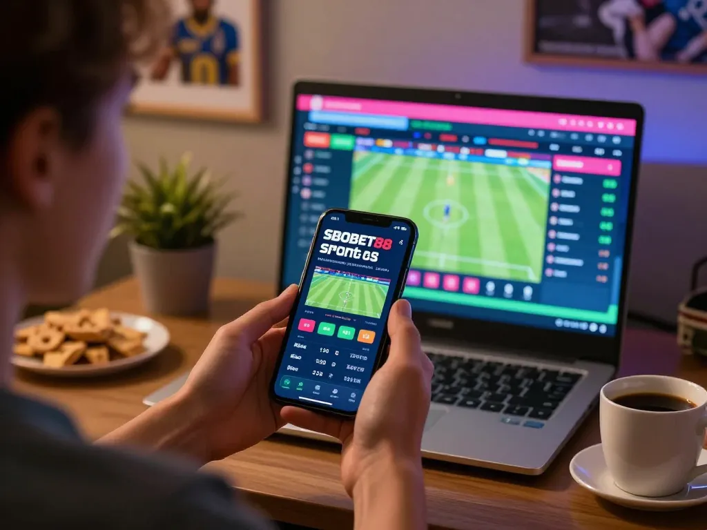 Aplikasi taruhan olahraga SBOBET88 ditampilkan di smartphone selama sesi perjudian online yang menarik.