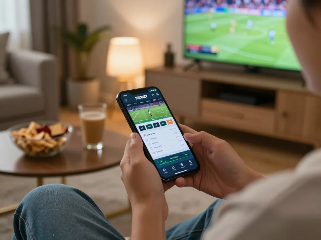Aplikasi SBOBET ditampilkan di smartphone selama sesi taruhan olahraga yang intens di lingkungan rumah.