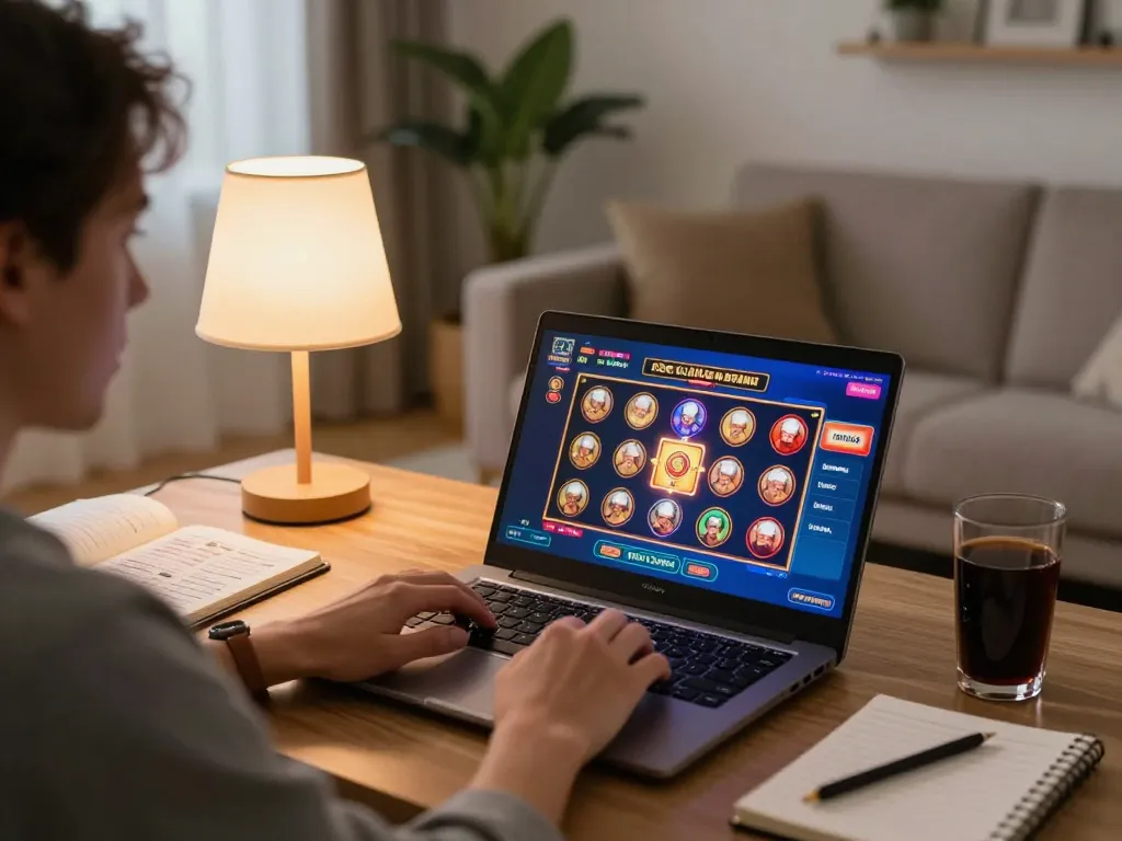 lc88 user enjoying online casino gaming on a laptop with strategies noted, showcasing a cozy atmosphere.