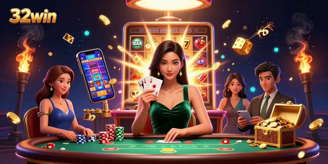 Experience high-stakes poker action and win big with 32win, featuring vibrant casino elements.