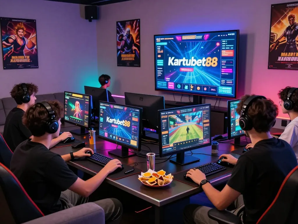 Kartubet88 gaming setup with friends enjoying online casino games in a lively atmosphere.