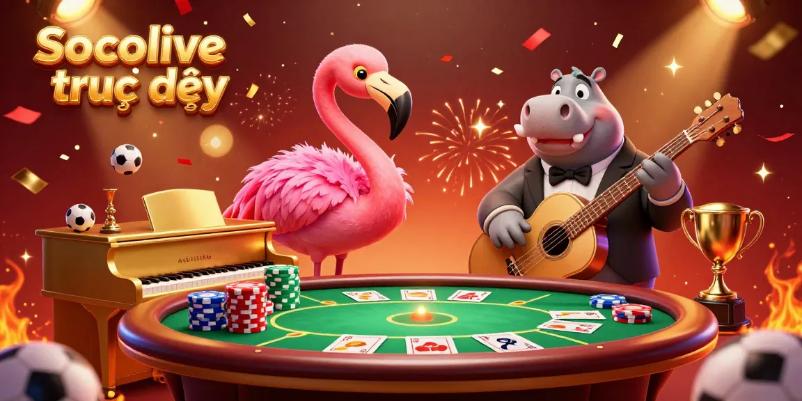 Socolive trực tiếp sports betting illustration with vibrant flamingo singer and hippo bassist amidst poker and sports elements.