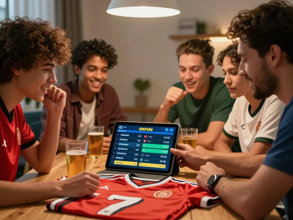 Friends engaging with OKFUN football betting on a tablet, capturing excitement and camaraderie.