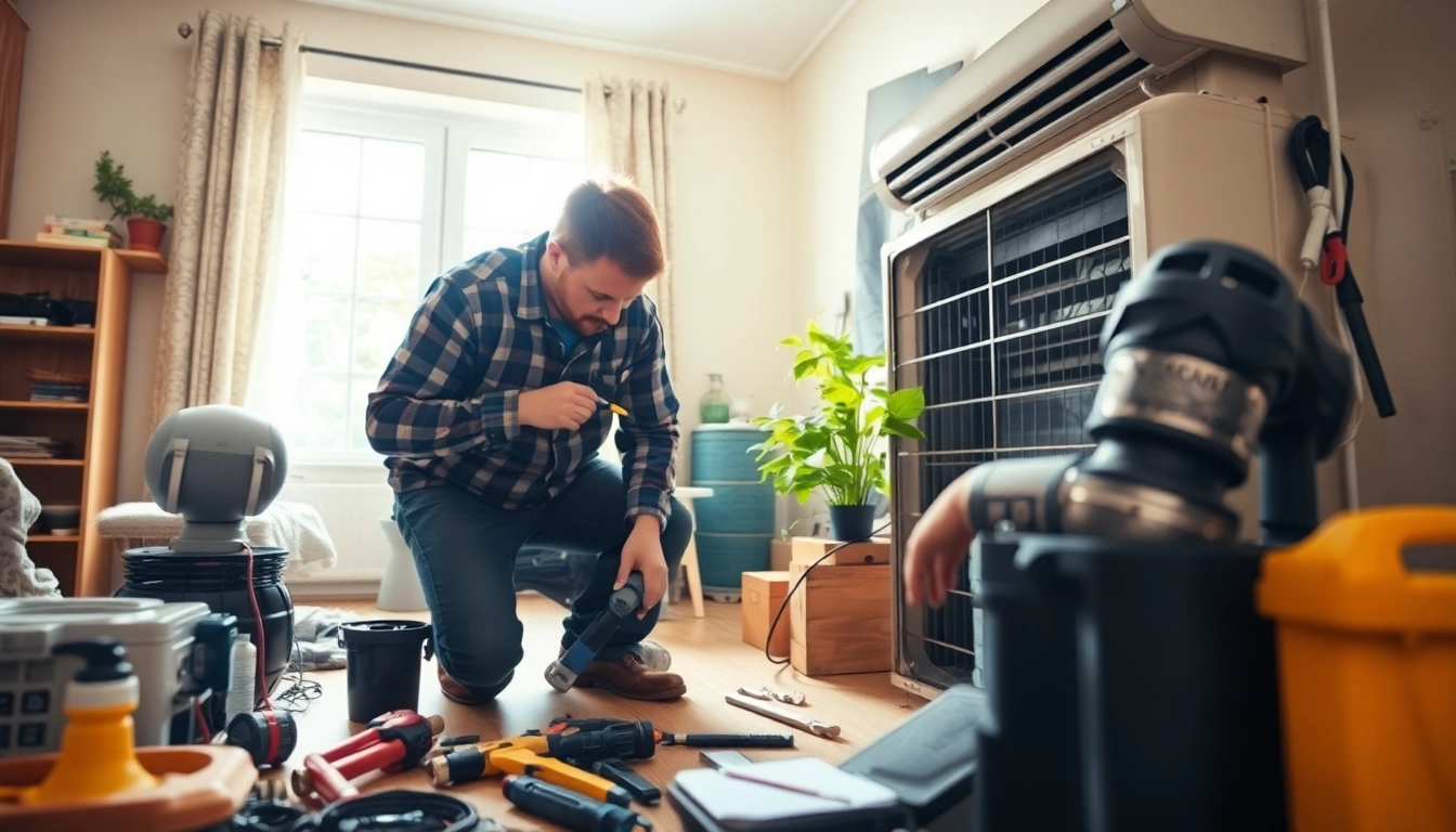 Technician performing emergency hvac repair bc amid tools and a well-lit home. related image