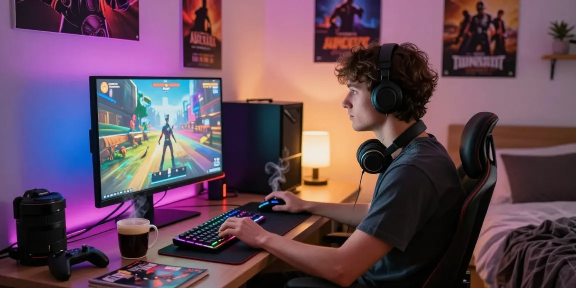 Engaging scene of a young adult enjoying an adult game on a large monitor in a cozy gaming setup, showcasing excitement and immersive gameplay.