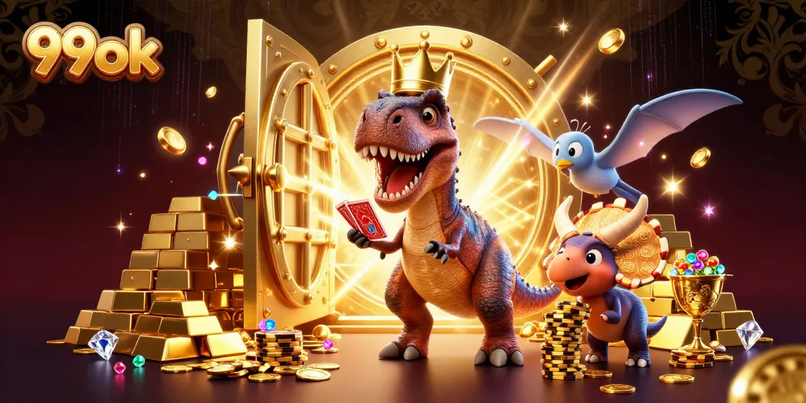 99ok delights players with a T-Rex shuffling cards, surrounded by casino treasures.