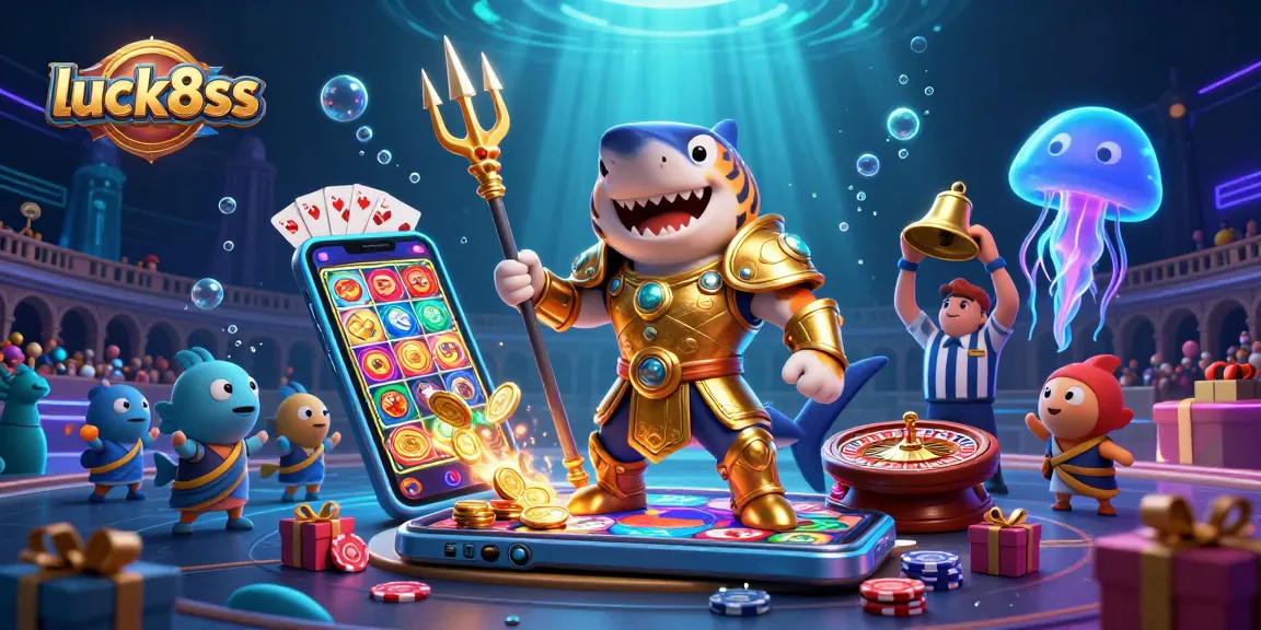 Engage with luck8ss's thrilling underwater gaming scene featuring vibrant casino elements and characters.