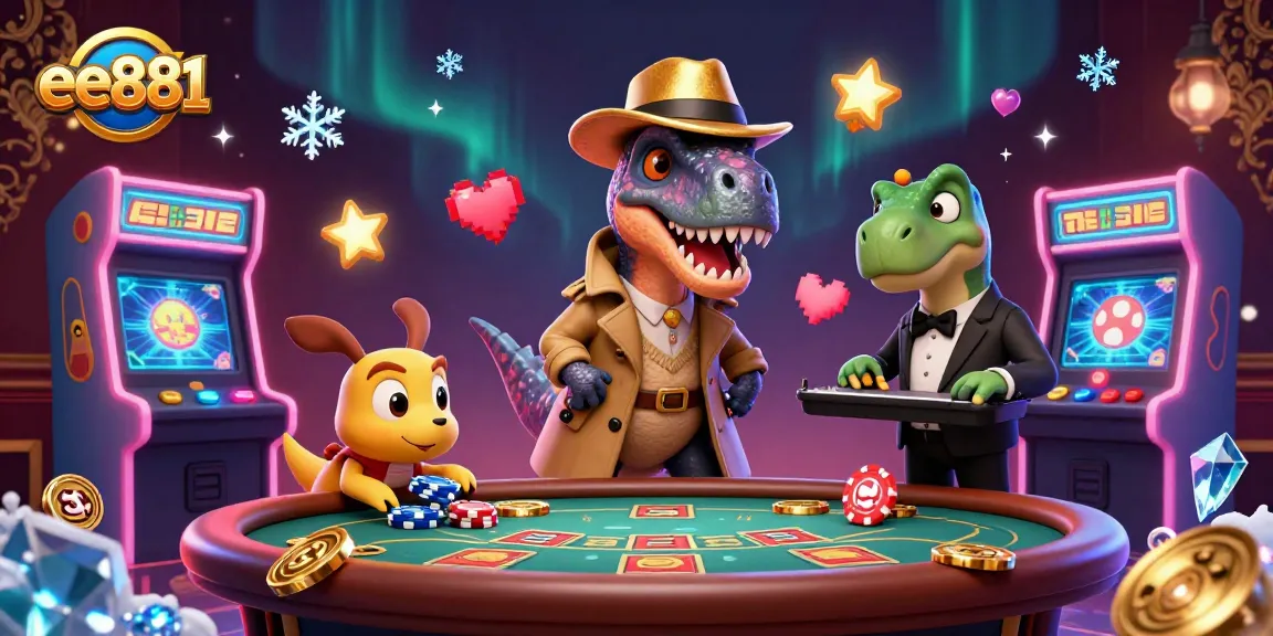 Experience the excitement of ee881 with a velociraptor card counter amongst vibrant casino games.
