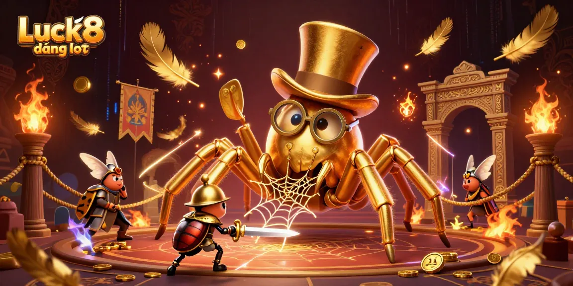 Engage in Luck8 đăng nhập with a golden tarantula weaving webs between casino pillars in a dynamic scene.