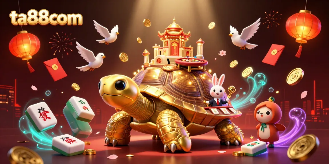Engage with ta88com's vibrant online casino world featuring a golden tortoise and dealer in an exciting game scene.