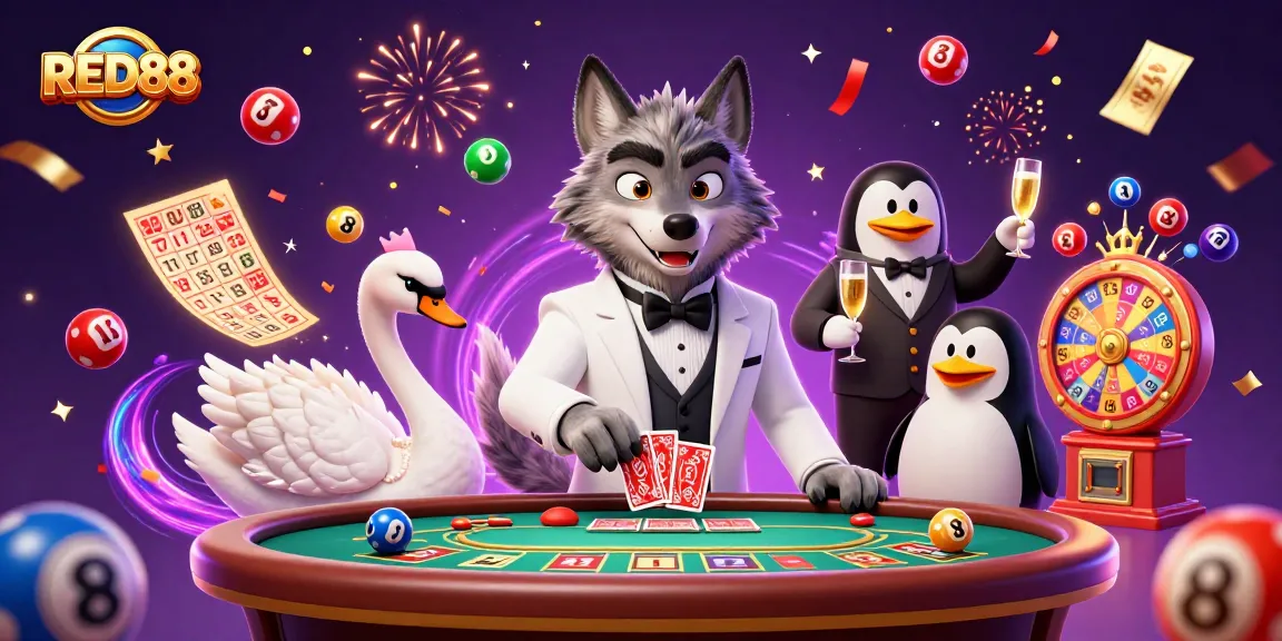 Experience the excitement of RED88 with a vibrant casino scene featuring lively characters and dynamic game elements.