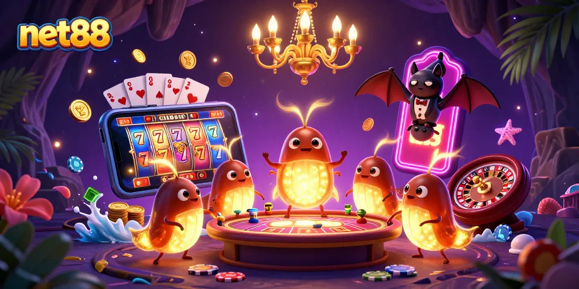 Experience thrilling gaming action with net88 in a vibrant cave casino illuminated by glowworms.