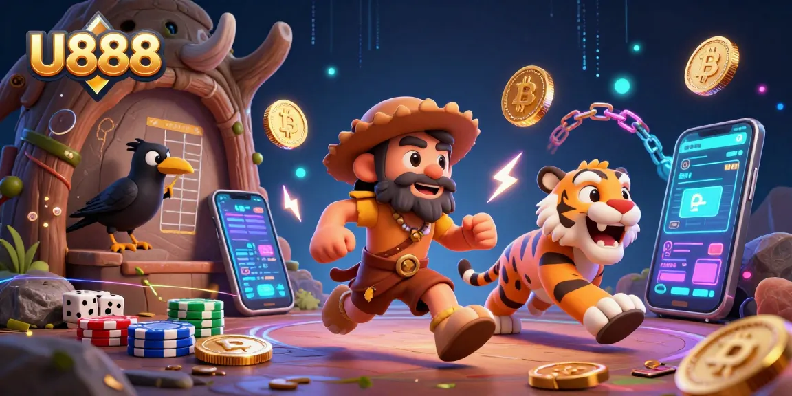 Experience U888's thrilling gaming world with a lively prehistoric casino scene.