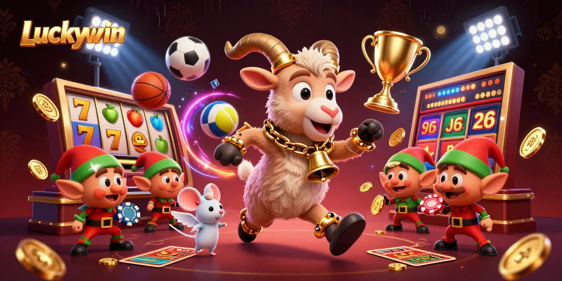 Experience Luckywin's thrilling casino action with festive characters in a vibrant gaming scene.