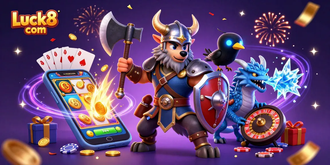 Experience thrilling slots gameplay at Luck8 com featuring a Viking warrior and fantastical creatures.